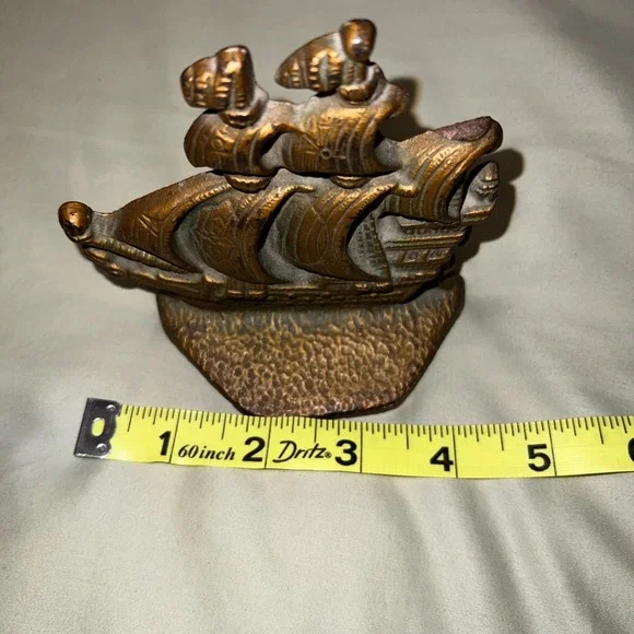 Vintage Cast Iron Pirate Ship Galleon Bookend Doorstop Nautical Bronze Tone 4.5" - Picture 2 of 6